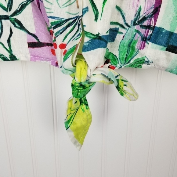 Sigrid Olsen Linen Top Blouse Large Short Sleeve Button Tie Tropical Cropped - Picture 4 of 9